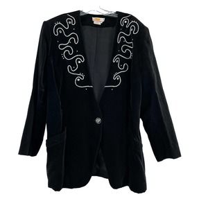 Vintage Sunny Lady Black Velvet Blazer‎ Womens Size 18W Embroidered Button Lined
